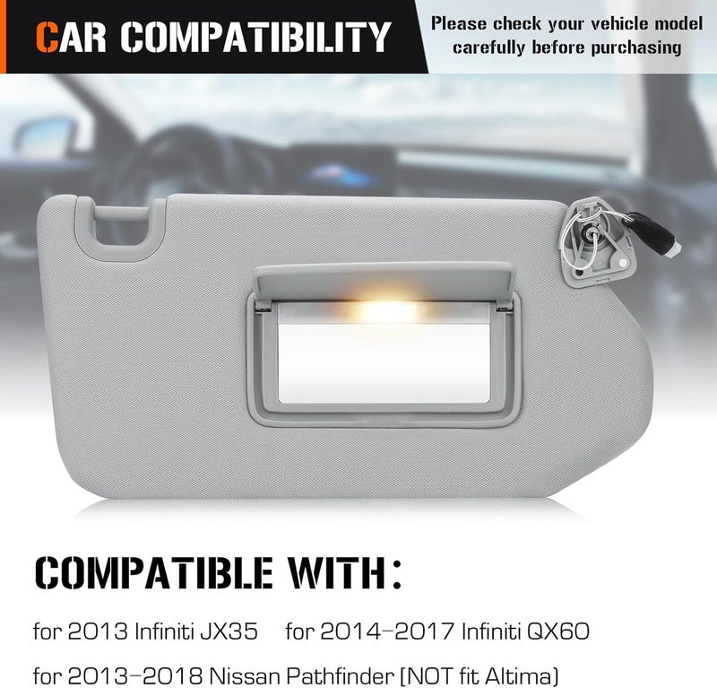 AEagle Sun Visor with Light for 2013-2018 Nissan Pathfinder, 2014-2017 Infiniti QX60, 2013 JX35, Right Passenger Side Gray Sunvisor Replacement 96400-9PB0A - Image 2